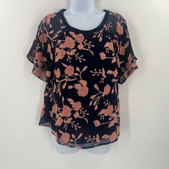 Anthro Maeve XS Navy Floral Flutter Sleeve Blouse - Picture 1 of 11